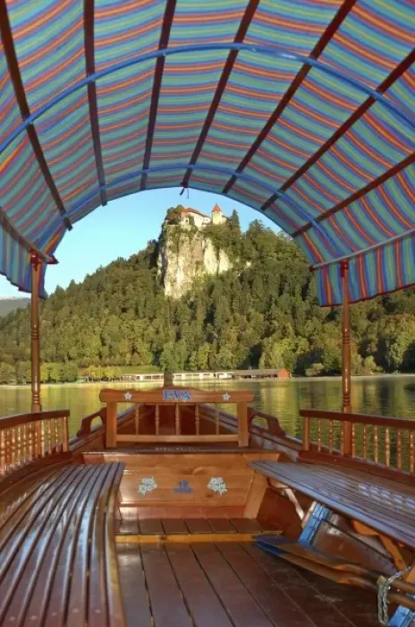 Framed Print : Slovenia, Bled, Lake Bled, pletna boat with view of Bled Castle