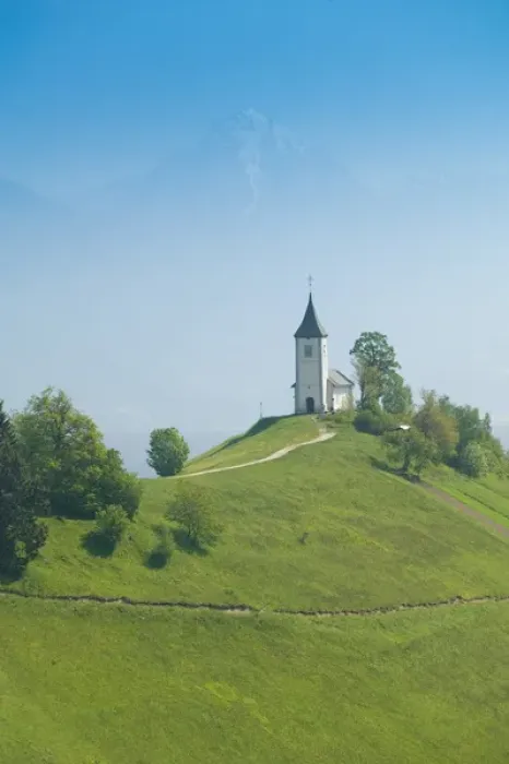 Framed Print : SLOVENIA-GORENJSKA-Jamnik: Church of St. Prim & Kamnik-Savinja Alps  /  Morning