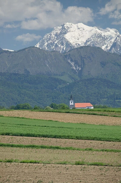 SLOVENIA-GORENJSKA-Moste: Church & Field with Kamnik-Savinja Alps  /  Summer