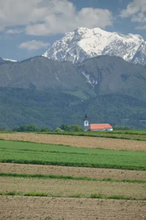 Framed Print : SLOVENIA-GORENJSKA-Moste: Church & Field with Kamnik-Savinja Alps / Summer Framed Print : SLOVENIA-GORENJSKA-Moste: Church & Field with Kamnik-Savinja Alps / Summer