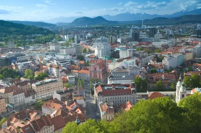 Framed Print : SLOVENIA-Ljubljana: Presernov Trg Square / View from Castle Hill / Belvedere Tower Framed Print : SLOVENIA-Ljubljana: Presernov Trg Square / View from Castle Hill / Belvedere Tower