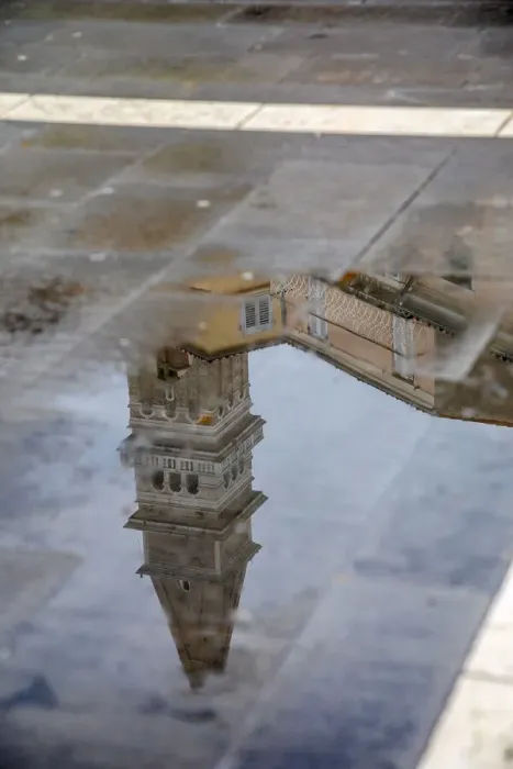 Framed Print : Slovenia, Piran. Reflection of a tower after the rain