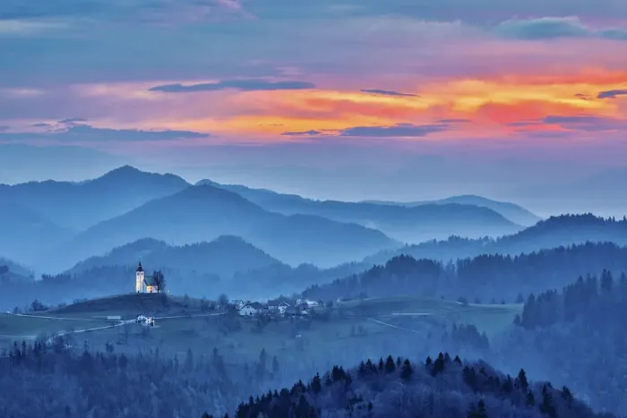 Framed Print : Slovenia, Poljane Sora Valley, hillside church near Gorenja Vas in early morning light Framed Print : Slovenia, Poljane Sora Valley, hillside church near Gorenja Vas in early morning light