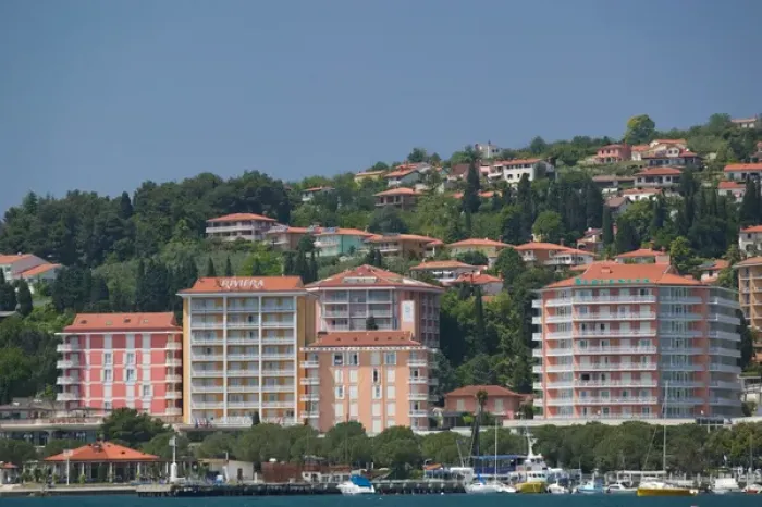 Framed Print : SLOVENIA-PRIMORSKA-Portoroz: Resort Hotels along Portoroz Bay