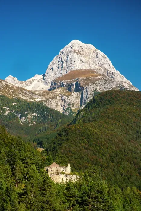 Framed Print : Slovenia, Triglav National Park, Julian Alps. Landscape with Mt. Mangart and castle ruin in forest. ©Cathy & Gordon Illg  /  Jaynes Gallery  /  DanitaDelimont.com