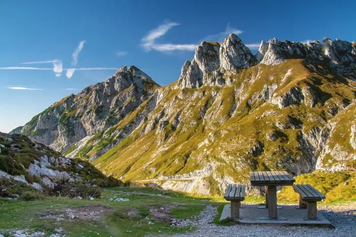 Framed Print : Slovenia, Triglav National Park. Picnic bench with view of Julian Alps. ©Cathy & Gordon Illg  /  Jaynes Gallery  /  DanitaDelimont.com