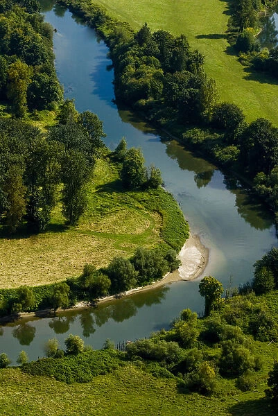 Snoqualmie River and Farmland (Aerial), Snoqualmie Valley, Washington, US