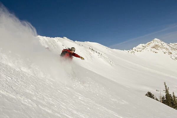 Snowboarder enjoys the powder in Cardiff Fork, Big Cottonwood Canyon, Wasatch Mountains, Utah