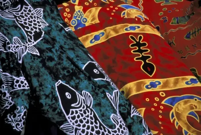 Framed Print : Society Islands, French Polynesia, Close-up of nautical designs on batik at a market Framed Print : Society Islands, French Polynesia, Close-up of nautical designs on batik at a market