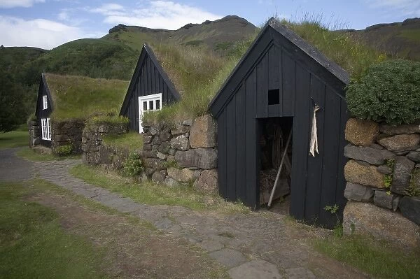 Sod roofed and walled storage and work shops on the grounds of the Skogar Folk Museum