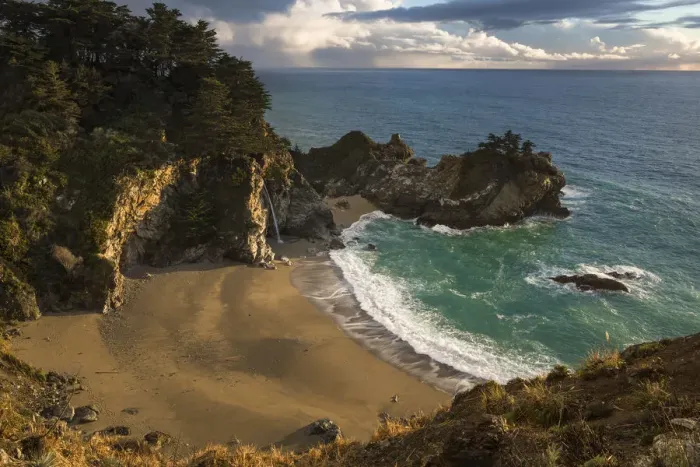Framed Print : Soft golden light of sunset shining on the cover of McWay Falls, Julia Pfeiffer Park Framed Print : Soft golden light of sunset shining on the cover of McWay Falls, Julia Pfeiffer Park