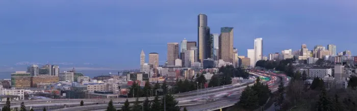 Framed Print : Soft morning light on downtown Seattle with snowcapped Olympic mountains in the distance