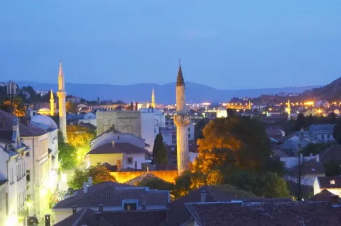 Framed Print : Along The sopping, pedestrian and cafe street Brace Fejica. Mosque minarets. Historic Framed Print : Along The sopping, pedestrian and cafe street Brace Fejica. Mosque minarets. Historic