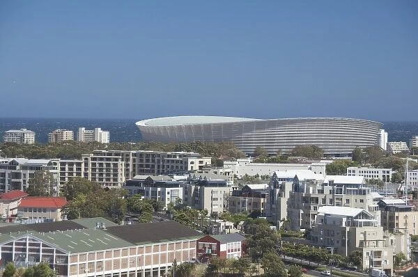 South Africa, Cape Town. Coastal downtown view of Cape Town Stadium