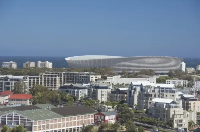Framed Print : South Africa, Cape Town. Coastal downtown view of Cape Town Stadium Framed Print : South Africa, Cape Town. Coastal downtown view of Cape Town Stadium