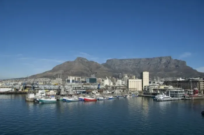 Framed Print : South Africa, Cape Town. Victoria & Alfred waterfront area with Table Mountain in the distance