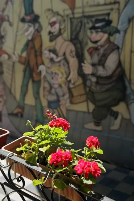 Framed Print : South America, Argentina, Buenos Aires. Flowers against mural in La Boca neighborhood