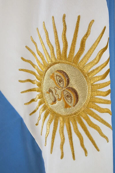 South America, Argentina, Mendoza. Details of sunburst on Argentinas flag. Credit as