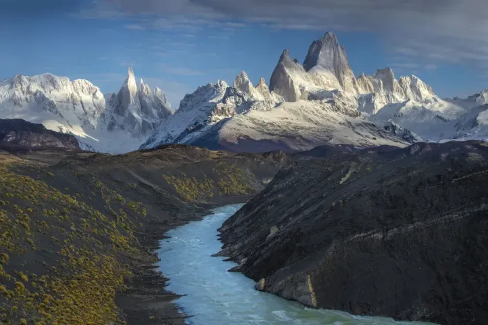 Framed Print : South America, Argentina. Mt. Fitzroy and river at sunrise. C Framed Print : South America, Argentina. Mt. Fitzroy and river at sunrise. C