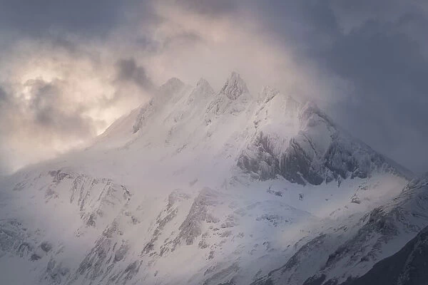 South America, Argentina, Tierra del Fuego. Snowy peak of Mt. Olivia