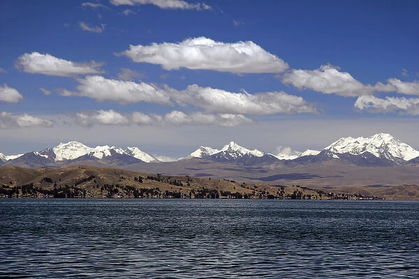 South America, Bolivia, Lake Titicaca. Scenic mountains of Lake Titicaca