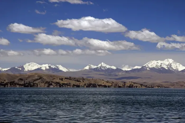 Framed Print : South America, Bolivia, Lake Titicaca. Scenic mountains of Lake Titicaca