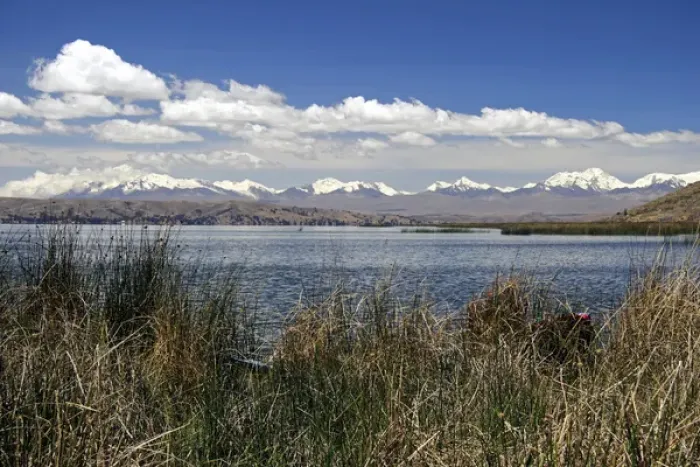 Framed Print : South America, Bolivia, Lake Titicaca. View from Uros floating reed islands of Lake