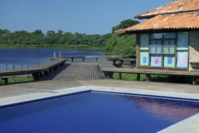 Framed Print : South America, Brazil, Pantanal. Exterior of the pool and decks of Baiazinha Lodge (6 rooms) Framed Print : South America, Brazil, Pantanal. Exterior of the pool and decks of Baiazinha Lodge (6 rooms)