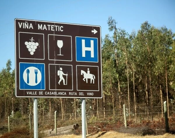 South America, Chile, Casablanca Valley. A road sign with international symbols
