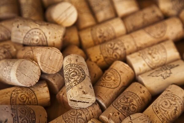 South America, Chile, Colchagua. Close-up of Viu Manent wine corks
