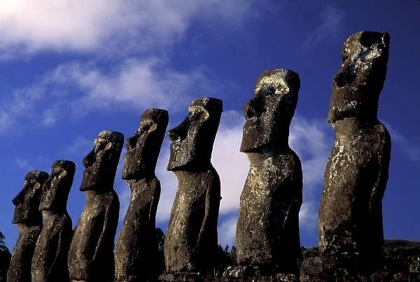 South America, Chile, Easter Island, Ahu Akiri. Huge moai (volcanic stone sculpture)