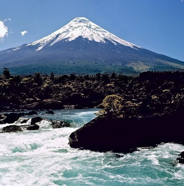 South America, Chile, Mt. Osorno. The turquoise waters of Petrohue River highlight volcanic