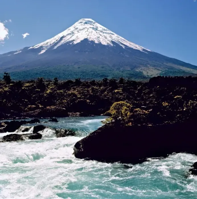 Framed Print : South America, Chile, Mt. Osorno. The turquoise waters of Petrohue River highlight volcanic