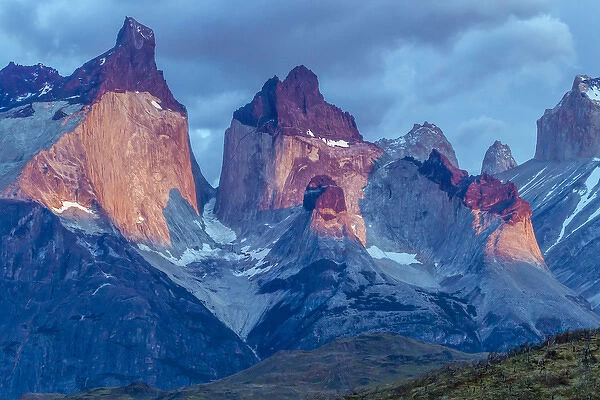 South America, Chile, Patagonia, Torres del Paine National Park. The Horns mountains at sunrise