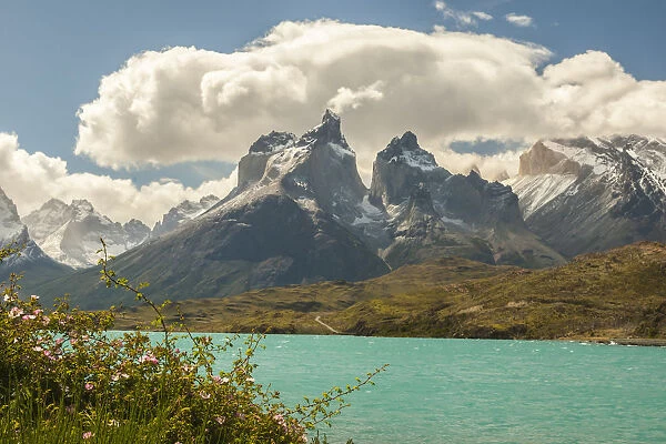 South America, Chile, Patagonia. Lake Pehoe and The Horns mountains