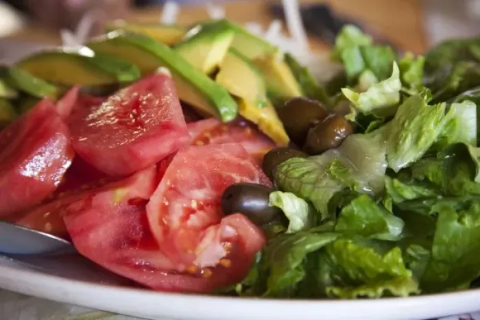 Framed Print : South America, Chile, San Antonio. Close-up of tossed salad served at El Sauce Restaurant