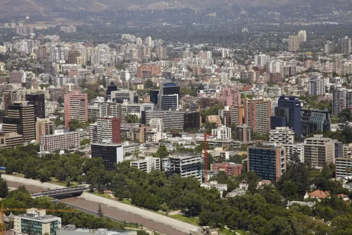 Framed Print : South America, Chile, Santiago, View of Santiago and Mapocho River, from Cerro San Cristobal Framed Print : South America, Chile, Santiago, View of Santiago and Mapocho River, from Cerro San Cristobal