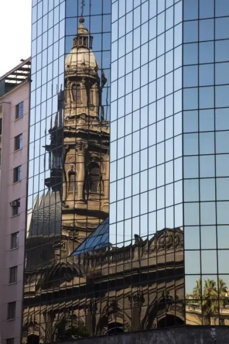 Framed Print : South America, Chile, Santiago. Reflection of a cathedral in a building near the Plaza de Armas Framed Print : South America, Chile, Santiago. Reflection of a cathedral in a building near the Plaza de Armas