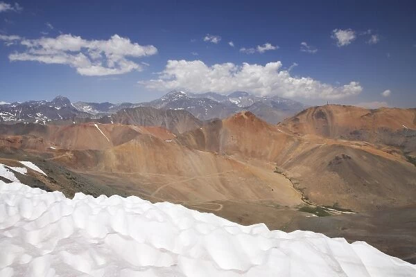 South America, Chile, Snow and Red Hills of Andes Mountains, near Santiago