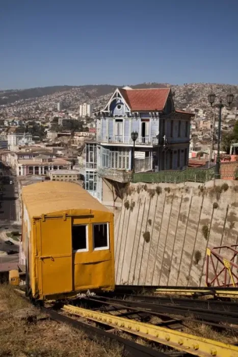 Framed Print : South America, Chile, Valparaiso. A tram rises up Artillery Hill. (UNESCO World Heritage Framed Print : South America, Chile, Valparaiso. A tram rises up Artillery Hill. (UNESCO World Heritage