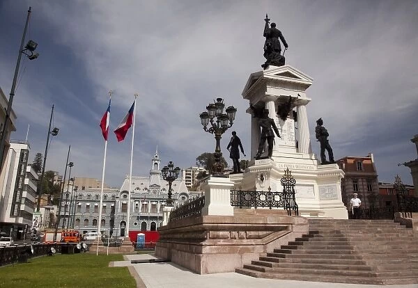 South America, Chile, Valparaiso. Monumento a los Heroes de Iquique in front of the Armada de Chile