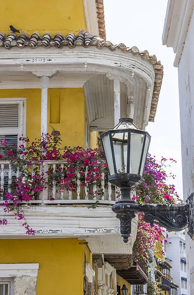 South America, Colombia, Cartagena, Charming Old World balconies in the old walled