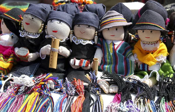South America, Ecuador, Otavalo. Handmade dolls with the traditional fabrics