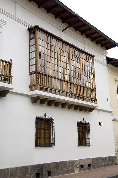 South America, Ecuador, Quito. Historic old Spanish style balcony