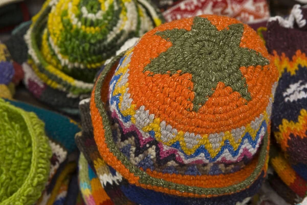 South America, Ecuador, Saquisili, hats on display at food and crafts market which
