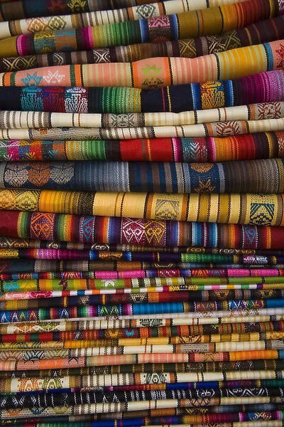 South America, Ecuador, Saquisili, tablecloths on display at weekly food and crafts