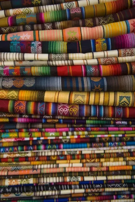 Framed Print : South America, Ecuador, Saquisili, tablecloths on display at weekly food and crafts