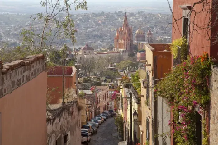 Framed Print : South America, Mexico, San Miguel de Allende. Street scene with overview of city Framed Print : South America, Mexico, San Miguel de Allende. Street scene with overview of city