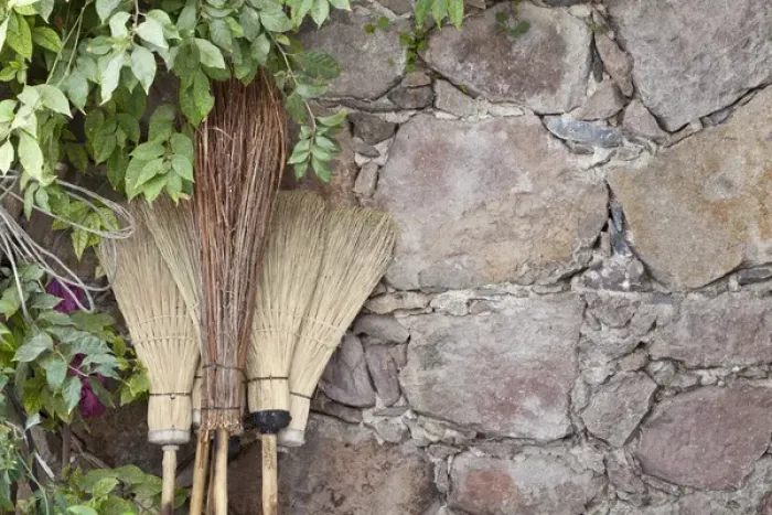 Framed Print : South America, Mexico, San Miguel de Allende. Brooms leaning against stone wall. Credit as Framed Print : South America, Mexico, San Miguel de Allende. Brooms leaning against stone wall. Credit as