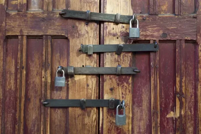 Framed Print : South America, Mexico, San Miguel de Allende. Detail of wooden door with four locks Framed Print : South America, Mexico, San Miguel de Allende. Detail of wooden door with four locks